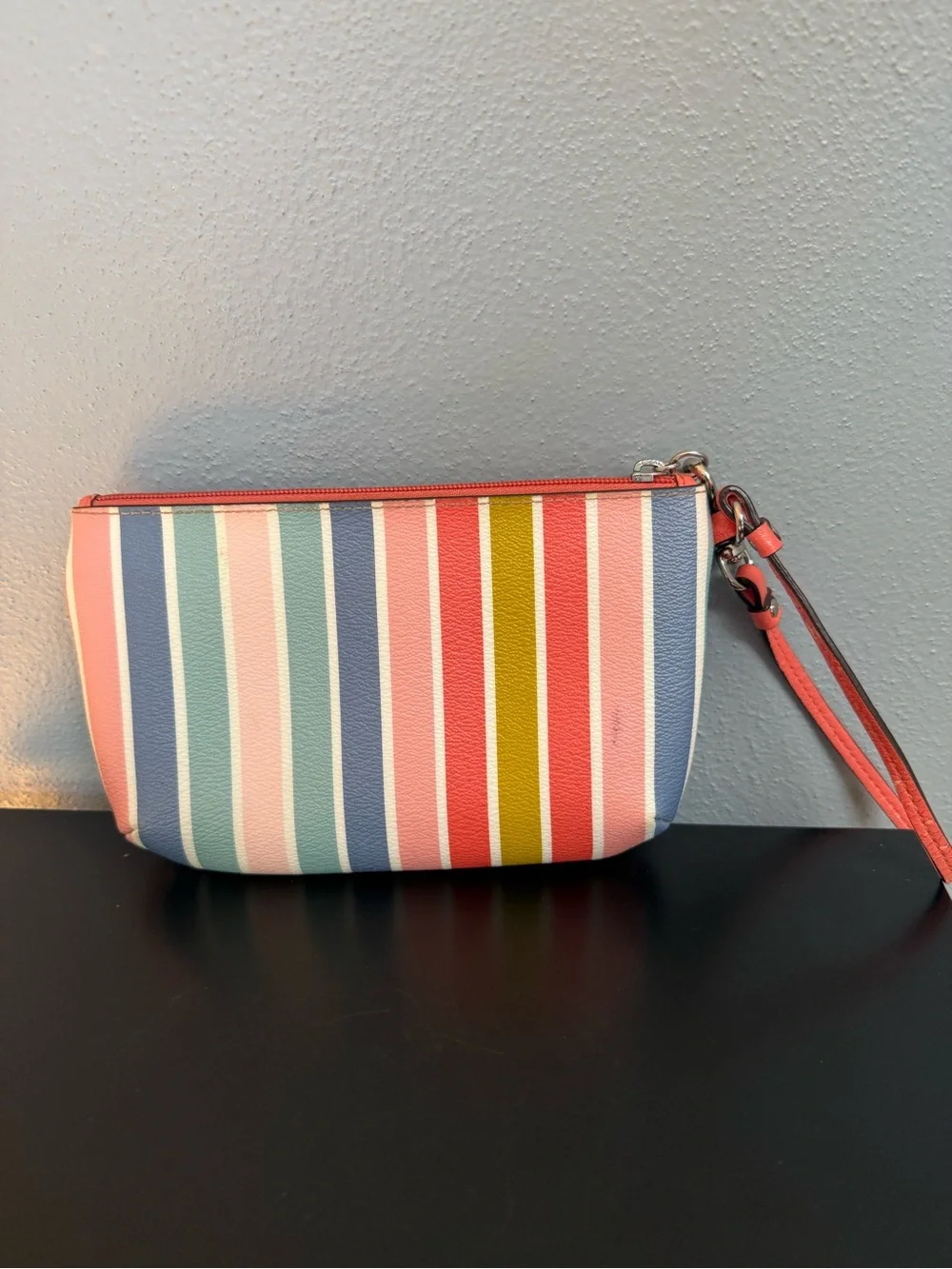 Coach Multicolor Vertical Stripe Wristlet in Coral, Pink, Blue & Yellow